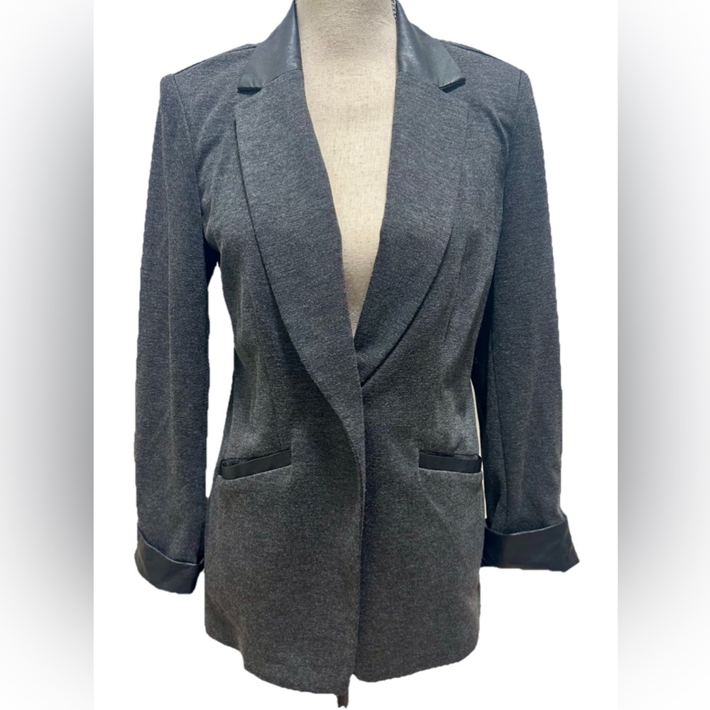 Susan Grazer Grey Blazer Jacket 4 Vegan Black Trim Career Classic Minimalist
